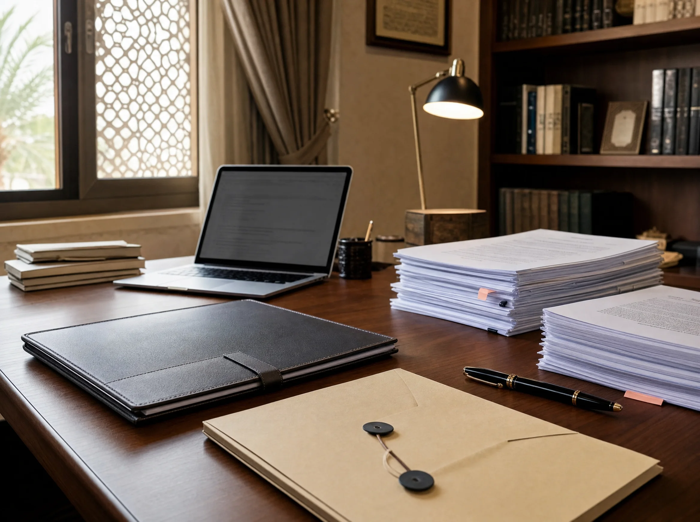 Confidential academic files and research documents arranged on a private office desk